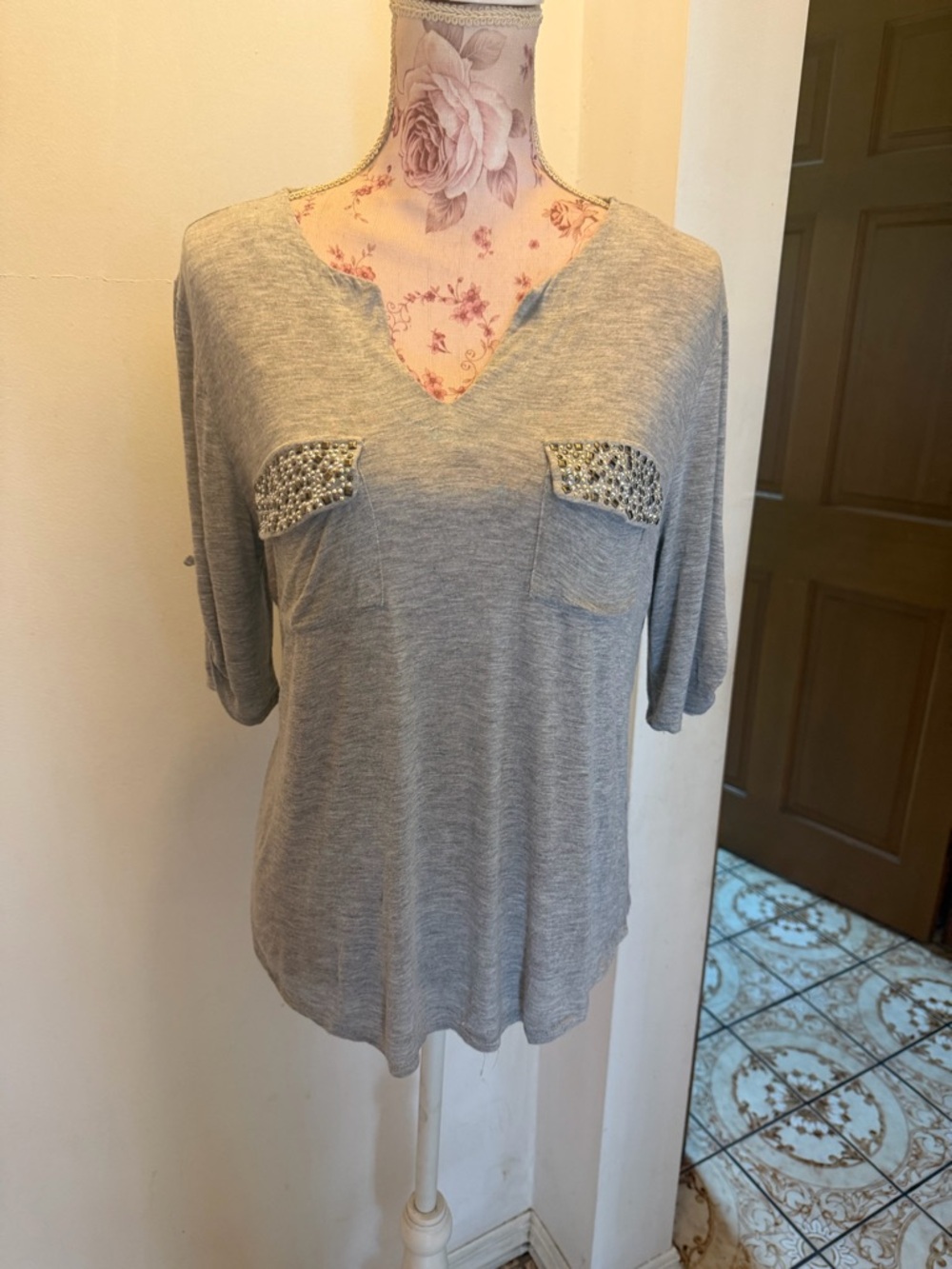 Faith and Joy Gray V-Neck Short Sleeve Top with Studded Pocket Flaps